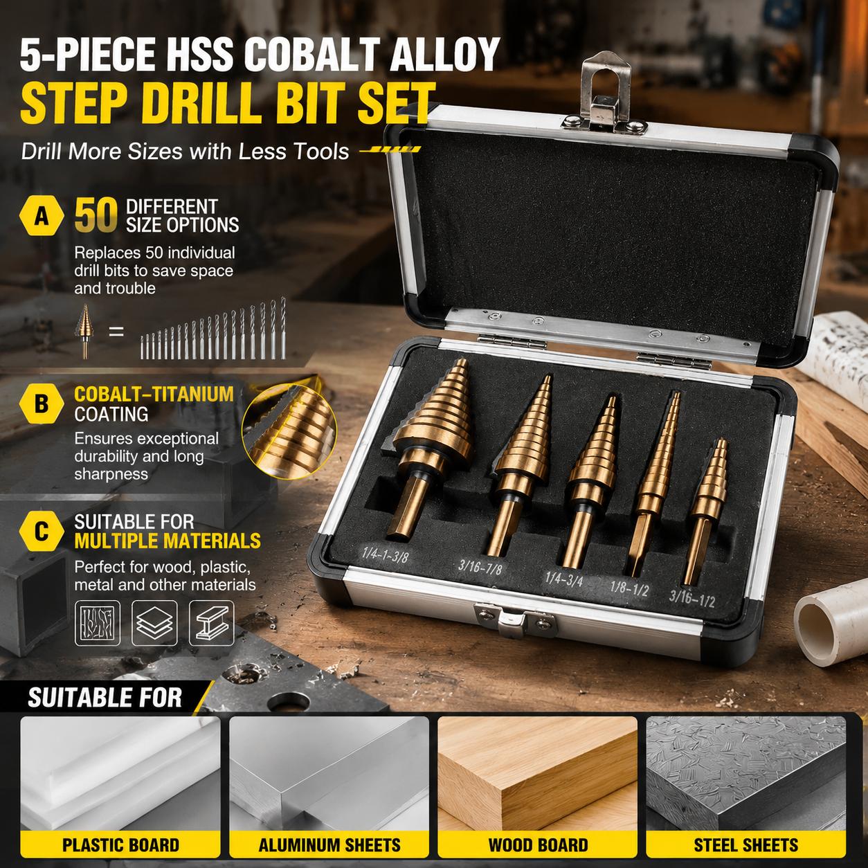 5 Buah Set Mata Bor HSS Kobalt - Step Drill Bit Set Titanium Hss Cobalt ulasan dan harga